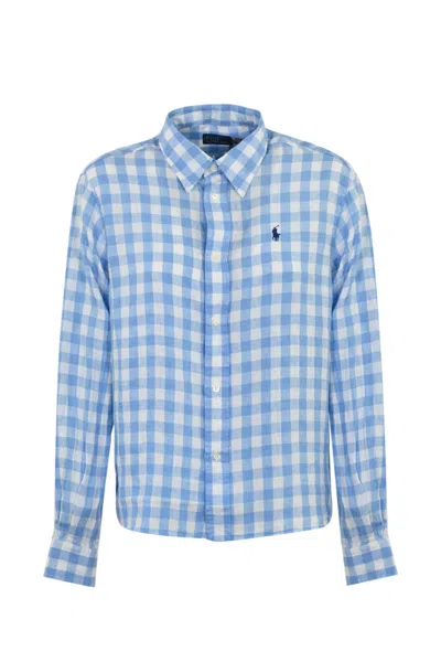 Polo Ralph Lauren White And Blue Checked Linen Shirt In Azzurro