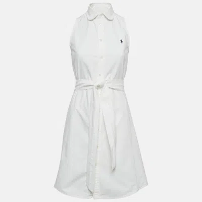 Pre-owned Polo Ralph Lauren White Cotton Belted Mini Shirt Dress Xs