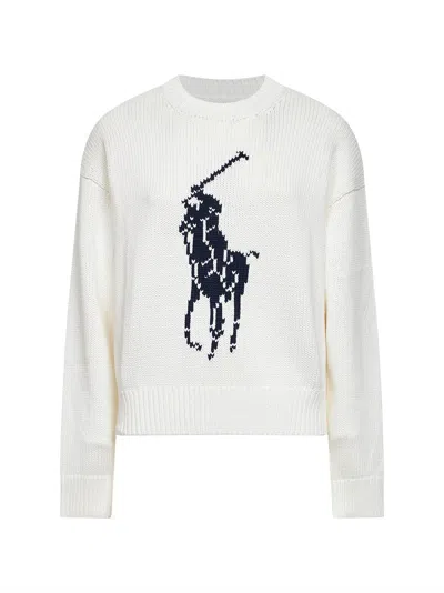 Polo Ralph Lauren White Cotton Knit Big Pony Crewneck Sweater