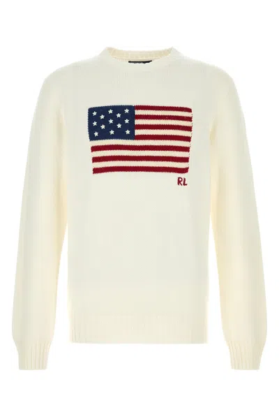 Polo Ralph Lauren Cotton Sweater With Flag Motif Ribbed Cuffs Hem In White