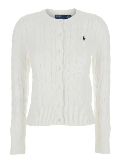 Polo Ralph Lauren White Crewneck Cable Knit Cardigan With Pony Embroidery On The Front In Cotton Woman