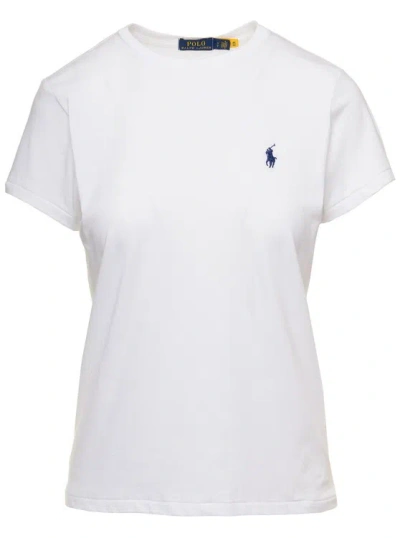 Polo Ralph Lauren White Crewneck T-shirt With Contrasting Logo Embrodery In Cotton