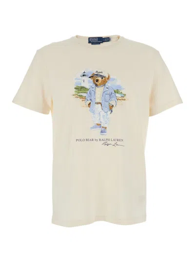 Polo Ralph Lauren White Crewneck T-shirt With Maxi Polo Bear Print On The Front In Neutral