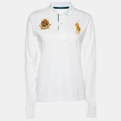 Pre-owned Polo Ralph Lauren White Embroidered Cotton Knit Long Sleeve Polo T-shirt L