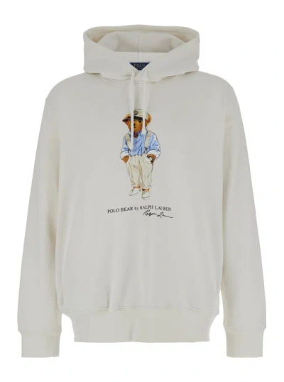 Polo Ralph Lauren White Hoodie With Bear Print In Cotton Blend Man