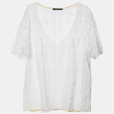 Pre-owned Polo Ralph Lauren White Lace V-neck Blouse M