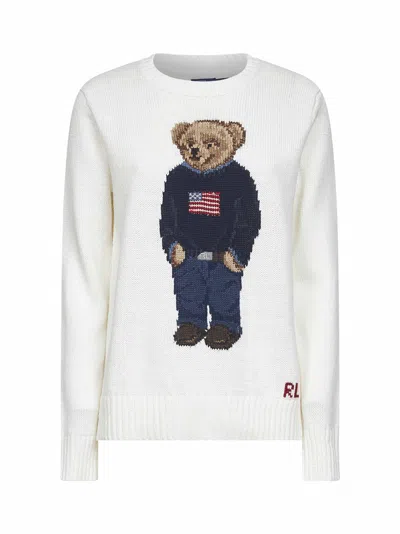 POLO RALPH LAUREN WHITE LINEN AND COTTON POLO BEAR SWEATER