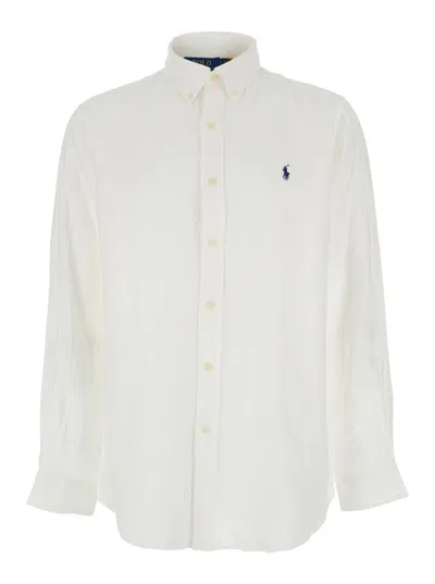POLO RALPH LAUREN WHITE SHIRT WITH CLASSIC COLLAR AND PONY EMBROIDERY ON THE FRONT IN LINEN MAN