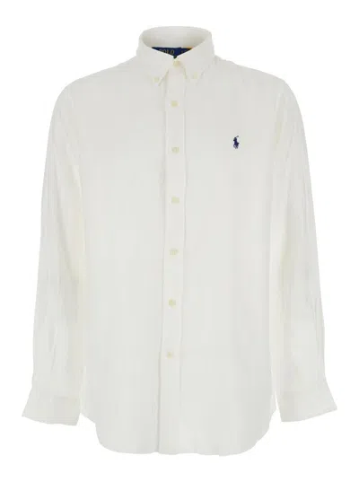 POLO RALPH LAUREN WHITE SHIRT WITH CLASSIC COLLAR AND PONY EMBROIDERY ON THE FRONT IN LINEN MAN