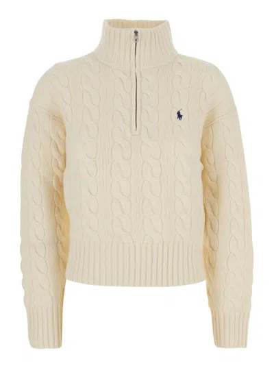 Polo Ralph Lauren White Sweater With Turtle Neck And Pony Embroidery On The Front In Wool And Cashmere Woman In Brown
