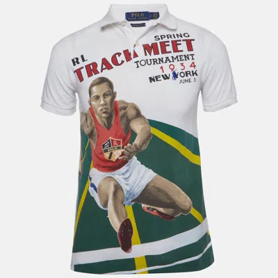 Pre-owned Polo Ralph Lauren White Track Meet Graphic Knit Mesh Polo Shirt S