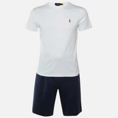 Pre-owned Polo Ralph Lauren White/navy Blue Cotton T-shirt & Shorts Set M