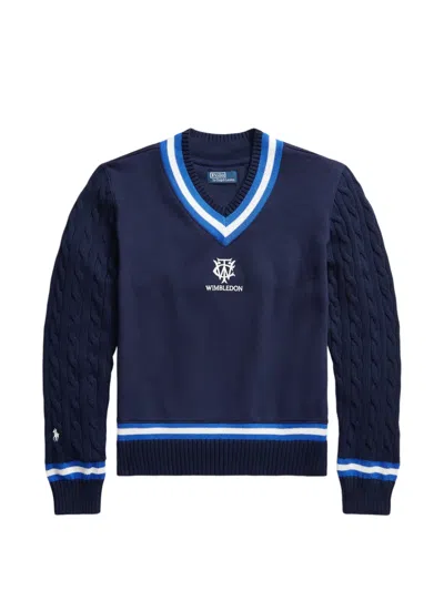Polo Ralph Lauren Wimbledon Logo-embroidered Cable-knit Cotton-blend Fleece Sweater In Black
