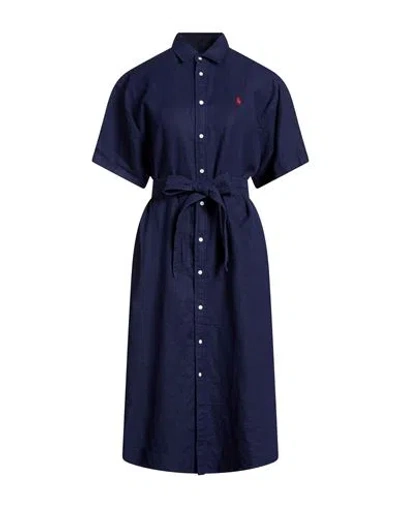 Polo Ralph Lauren Woman Midi Dress Navy Size L Linen In Blue