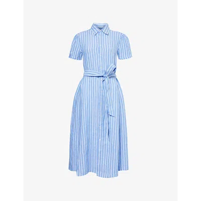 Polo Ralph Lauren Stripe-print Belted Linen Midi Dress In 1722a Lake Blue/white
