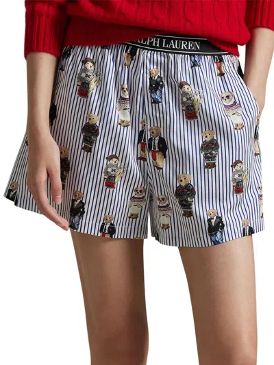 Polo Ralph Lauren Bear Striped Cotton Boxer Short In Snowfall Blue In Multi