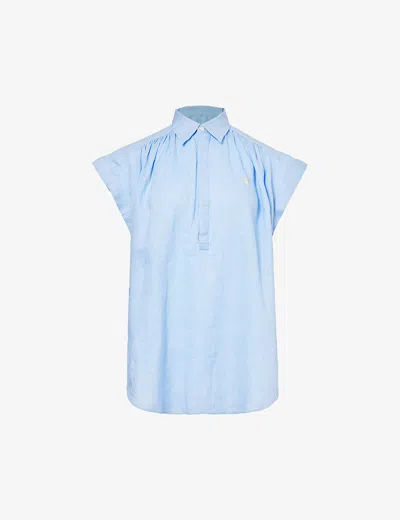 Polo Ralph Lauren Womens Austin Blue Logo-embroidered Frill-sleeve Linen Shirt