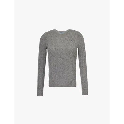 POLO RALPH LAUREN WOMENS BATTALION GREY HEATHER LOGO-EMBROIDERED CABLE-KNIT WOOL AND CASHMERE JUMPER XS