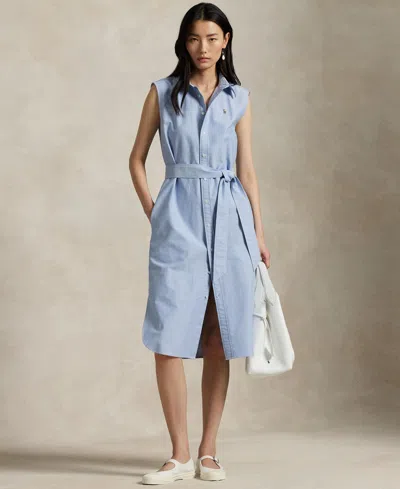 POLO RALPH LAUREN WOMEN'S BELTED OXFORD SLEEVELESS SHIRTDRESS