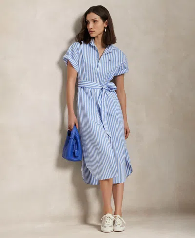 Polo Ralph Lauren Women's Belted Striped Cotton Shirtdress In Blue