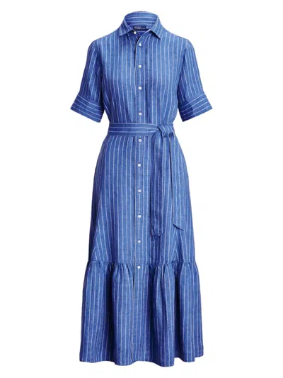 Polo Ralph Lauren Women's Belted Yarn-dyed Stripe Linen Shirtdress In Medium Blue White