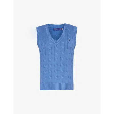 Polo Ralph Lauren Womens Blue Orbit V-neck Logo-embroidered Cotton Knitted Vest