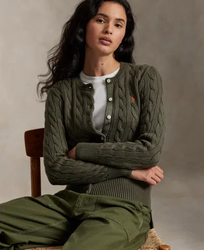 Polo Ralph Lauren Women's Cable-knit Cotton Crewneck Cardigan Sweater In Green