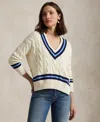 Polo Ralph Lauren Cricket Striped Cable-knit Cotton Sweater In Cream,navy Stripe
