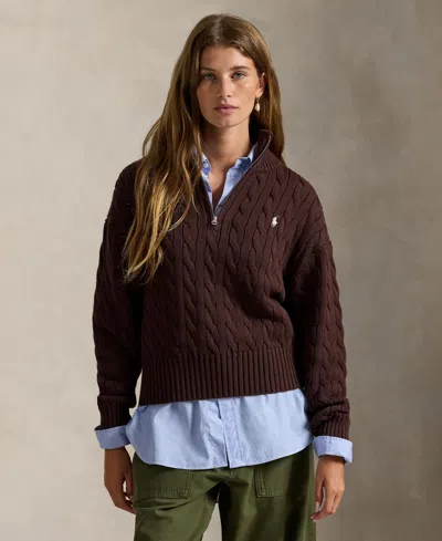 Polo Ralph Lauren Women's Cable-knit Cotton Quarter-zip Sweater In Brown