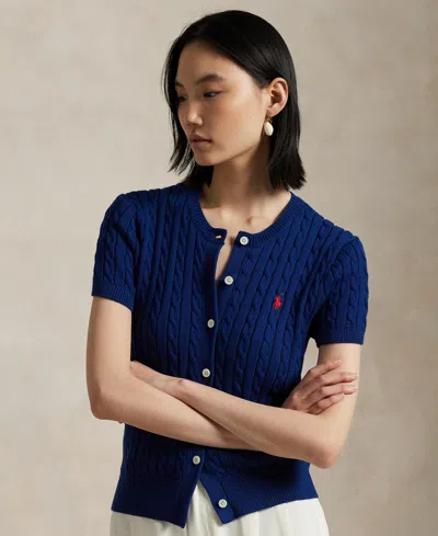 POLO RALPH LAUREN WOMEN'S CABLE-KNIT COTTON SHORT-SLEEVE CARDIGAN SWEATER