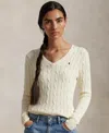 Polo Ralph Lauren Kimberly Icon Logo Pima Cotton Cable Knit V-neck Sweater In Cream