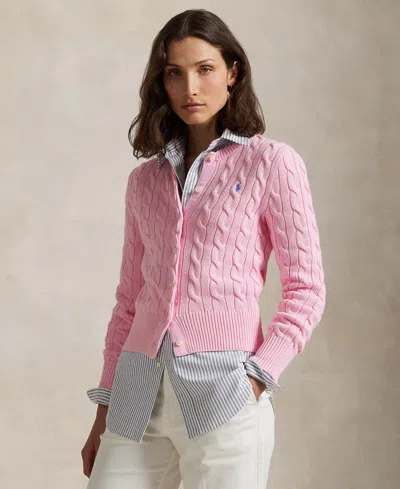 Polo Ralph Lauren Women's Cable-knit Cotton Crewneck Cardigan Sweater In Pink