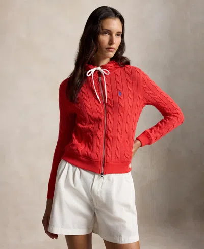 Polo Ralph Lauren Women's Cable-knit Cotton Full-zip Hoodie Sweater In Bright Hibiscus