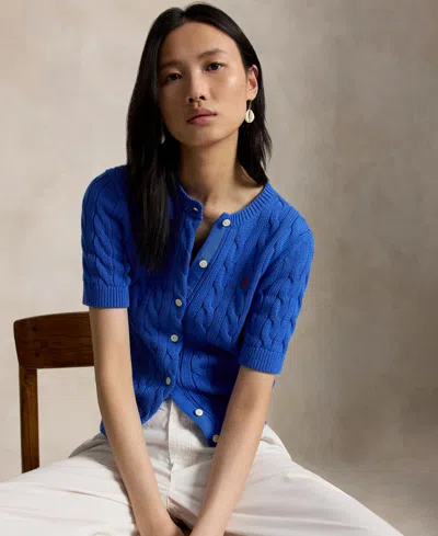 Polo Ralph Lauren Women's Cable-knit Cotton Short-sleeve Cardigan In Blue