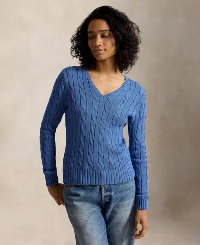 Polo Ralph Lauren Women's Cable-knit Cotton V-neck Sweater In Blue