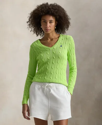 Polo Ralph Lauren Women's Cable-knit Cotton V-neck Sweater In Bright Leaf