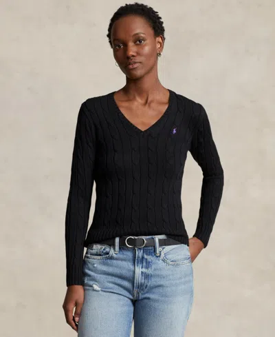 Polo Ralph Lauren Women's Cable-knit Cotton V-neck Sweater In Black