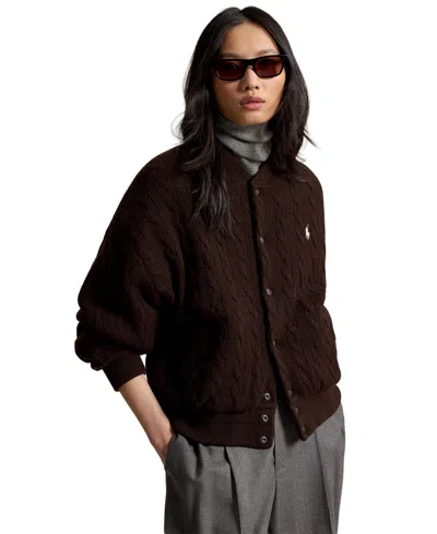 Polo Ralph Lauren Women's Cable-knit Logo Button Jacket In Walnut Brown Melange