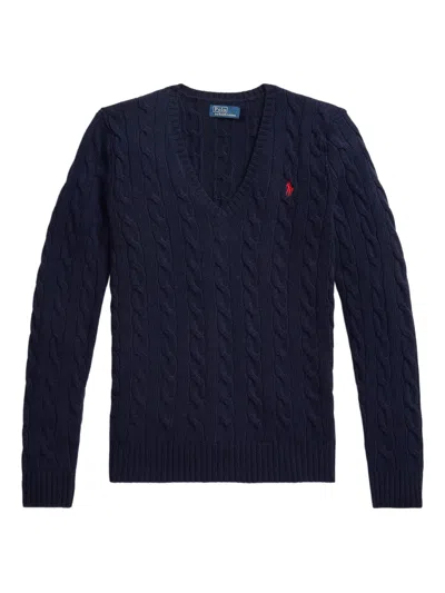 Polo Ralph Lauren Women's Cable-knit V-neck Sweater With Chest Embroidery In Blue