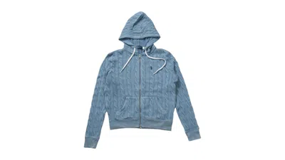 Pre-owned Polo Ralph Lauren Women's Cableknit Zip Up Hoodie In Chambray Indigo In Blue
