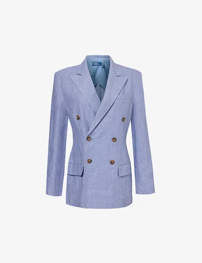 Polo Ralph Lauren Womens Capri Blue Peak-lapel Double-breasted Linen Blazer