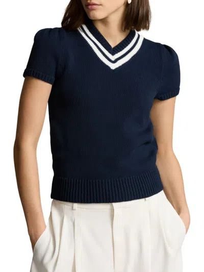 Polo Ralph Lauren Women's Cricket Varsity Stripe Cotton Sweater In Hunter Navy Cricket Cream