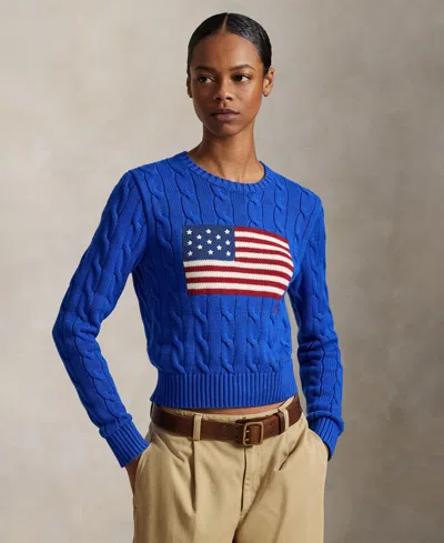 Polo Ralph Lauren Women's Flag Cable-knit Cropped Sweater In Blue