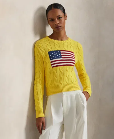 Polo Ralph Lauren Women's Flag Cable-knit Cropped Sweater In Yellow