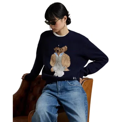Polo Ralph Lauren Blue Crewneck Sweater With Maxi Logo Bear On The Front In Wool And Cashmere Woman