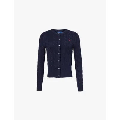 Polo Ralph Lauren Womens Hunter Navy Brand-embroidery Cable-knit-pattern Cotton Cardigan In Blue