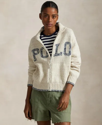 Polo Ralph Lauren Women's Logo Shawl-collar Full-zip Cardigan In Cream,blue Multi