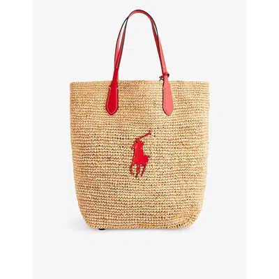 Polo Ralph Lauren Logo-embroidered Raffia Tote Bag In Naturl/red