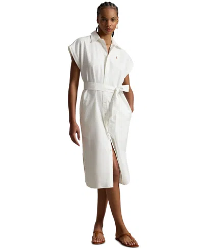 Polo Ralph Lauren Women's Point Collar Cap-sleeve Belted Shirt-dress In Blue Shadow Rose White