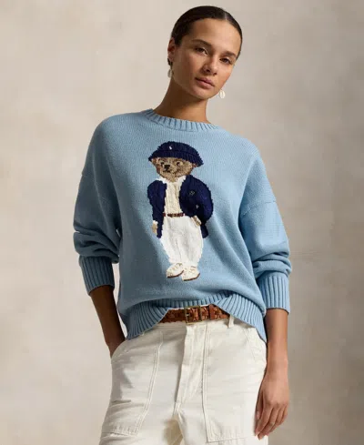 Polo Ralph Lauren Cotton Bear Long Sleeve Crew Neck Pullover Blue Note